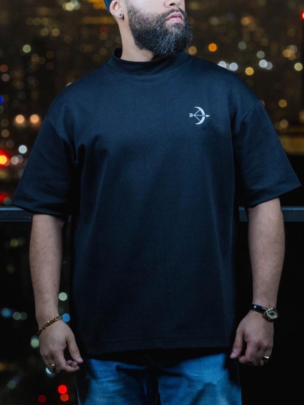 Heavyweight Black Boxy Tee Mock Neck Oversized Interlock Cotton Streetwear
